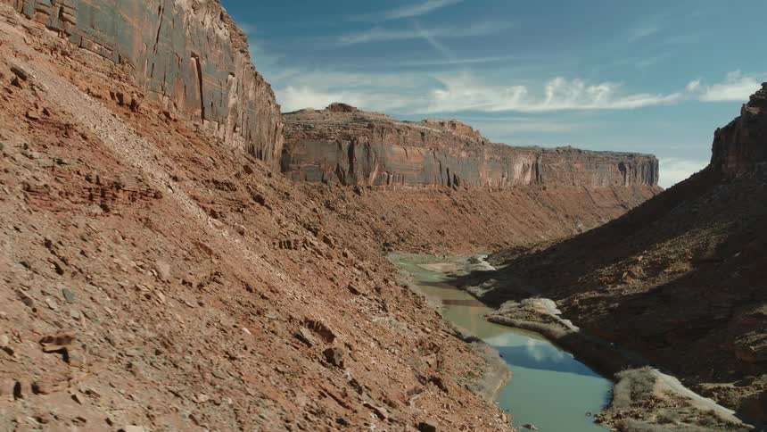 A river running at the base of a cliff