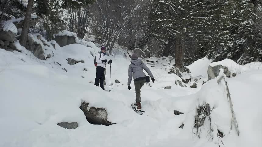 Two people are hiking uphill in the snow