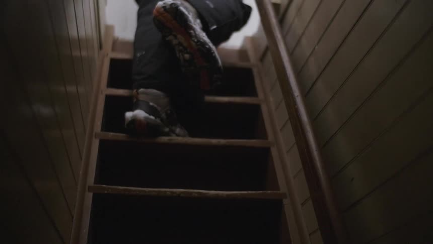 A person climbs up a small staircase