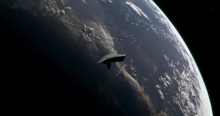 The space ship floats above earth
