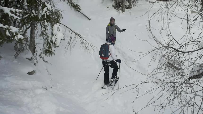 Two hikers wearing snow shoes navigate up a hill