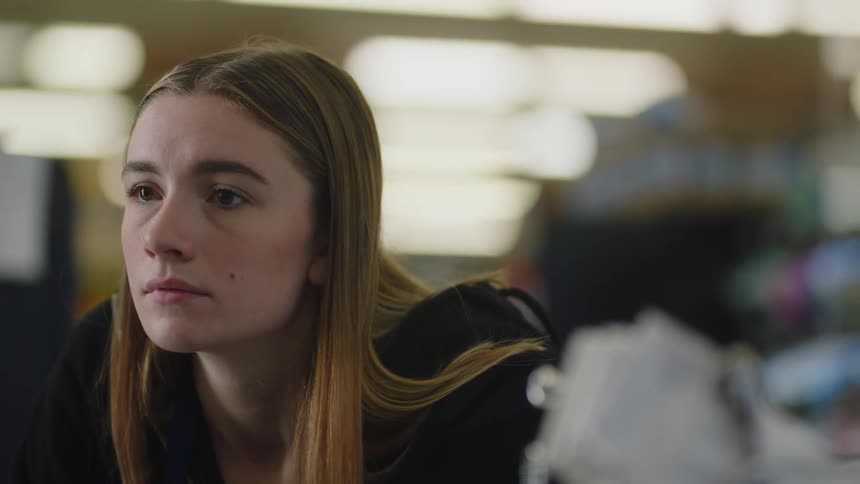A young woman is standing inside a store looking around
