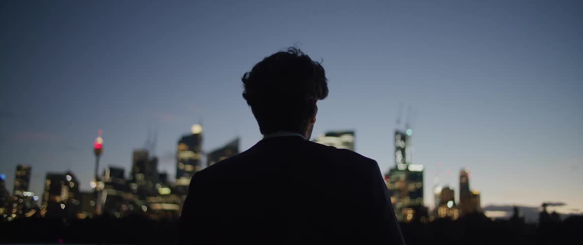 Silhouette of a person looking at the city skyline at evening