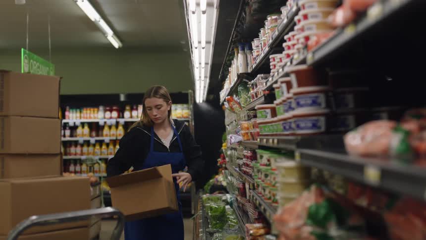 A woman is taking food from boxes and stocking it on shelves