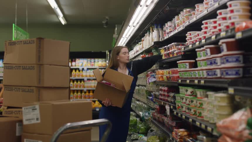 A woman stocking a shelf in a grocery store