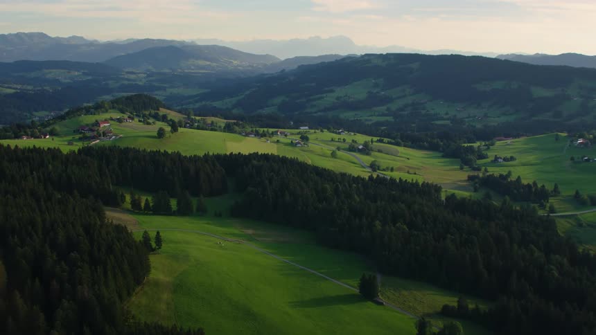 Aerial view of meadows and forest on green hill