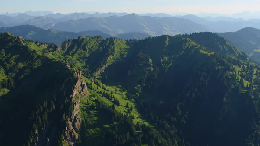 Aerial view of green mountain ranges