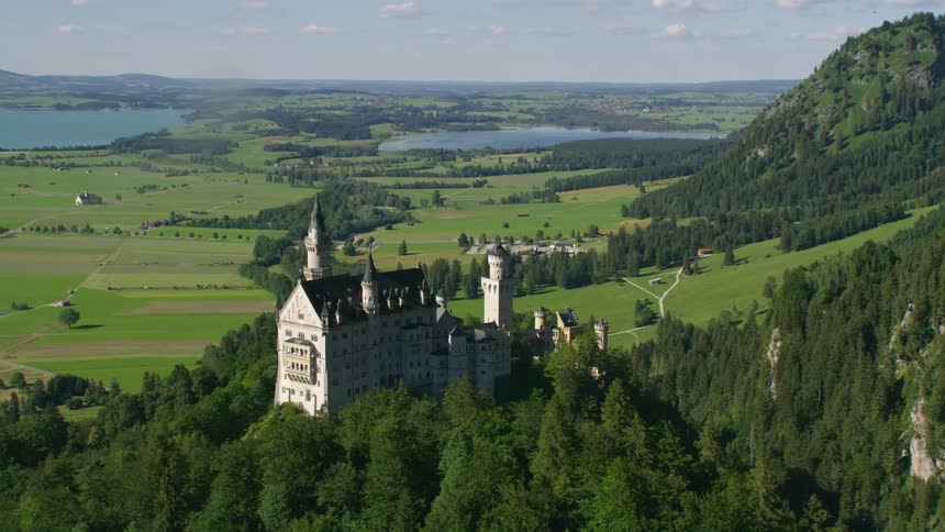Aerial view of a castle on the slopes of a mountain surrounded by pine trees