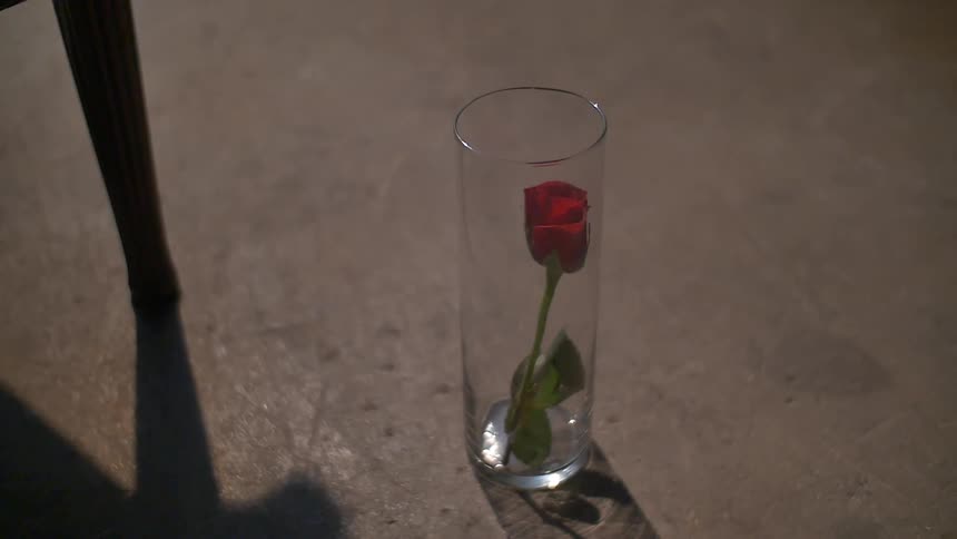 A rose sits in a glass on the floor