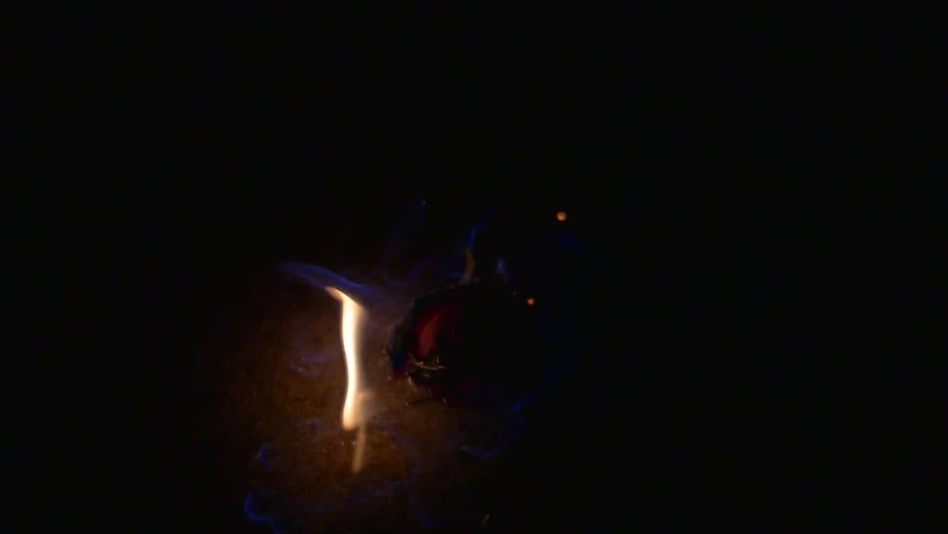 A red rose is burning on the ground
