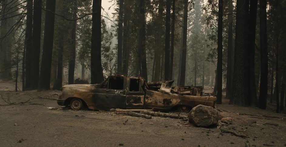 The wreckage of a truck in a foggy forest during the day