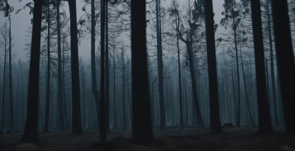 Dense fog obscures trees in the background of a conifer forest