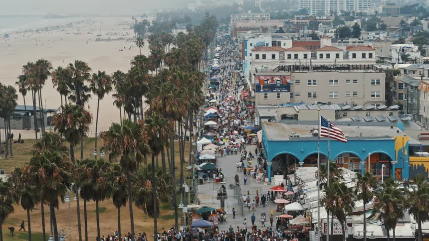 A crowd of people carrying banners and signs protest near venice beach