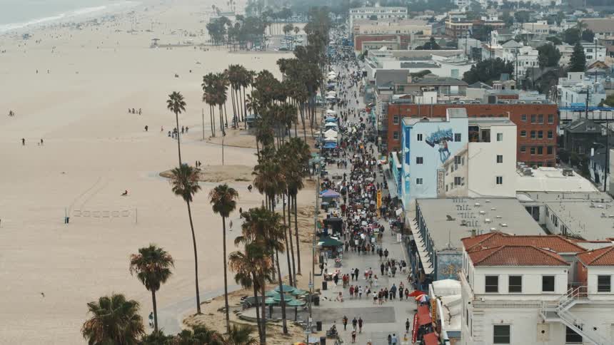 Aerial view of the crowded boulevard surrounded by palm trees on venice beach california at daytime