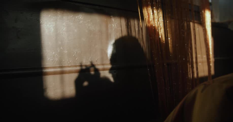 The profile of a person making shadow puppets with their hands