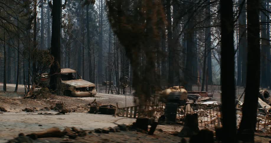 Burnt up trucks and debris in a forest after a fire