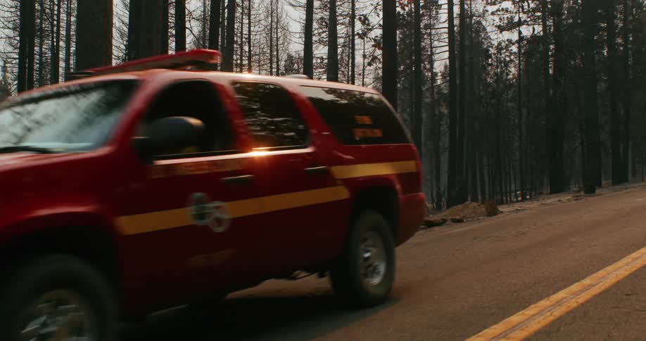 A fire department suv pulls away from a section of fire damaged road and forest