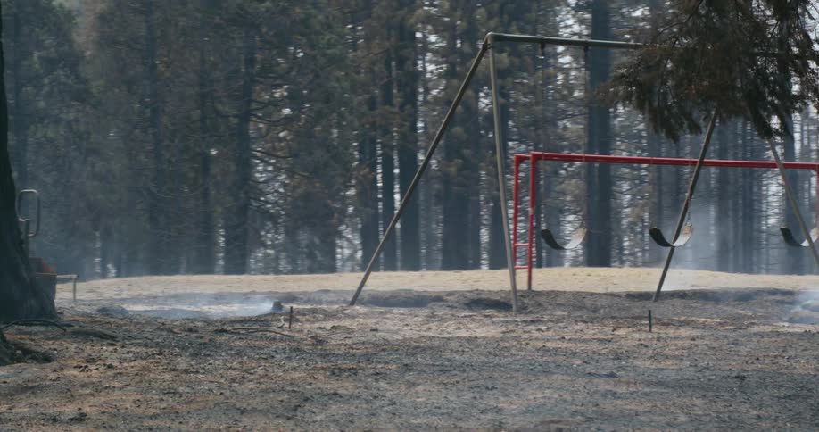 The view is of a park with swings around the nature area