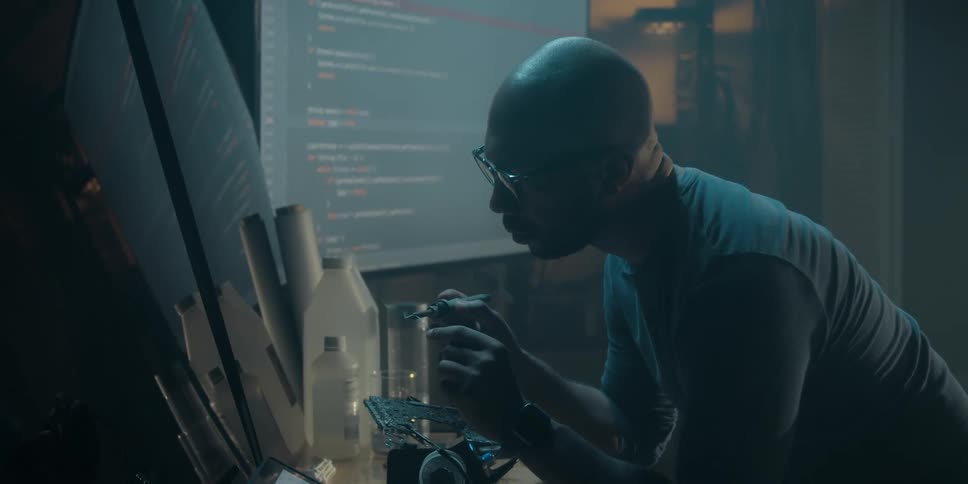 A man is sitting at a work station soldering an electronic component and there is a large monitor on the wall next to him