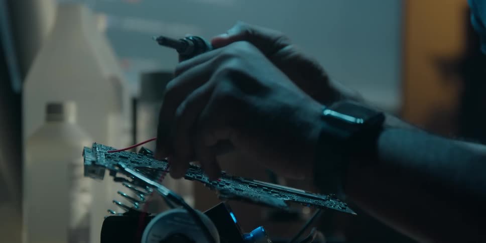 A man is sitting at a work station soldering wire to an electronic component