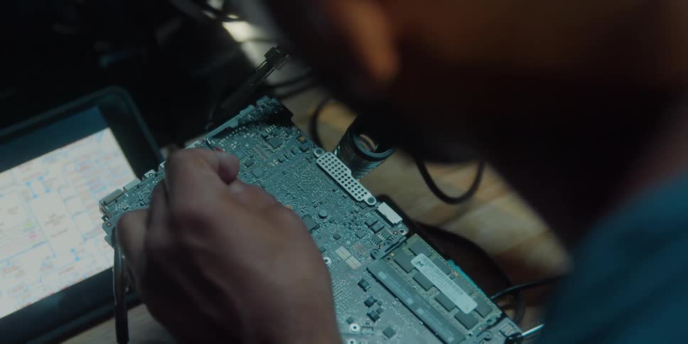 A man solders a wire on a piece of computer equipment