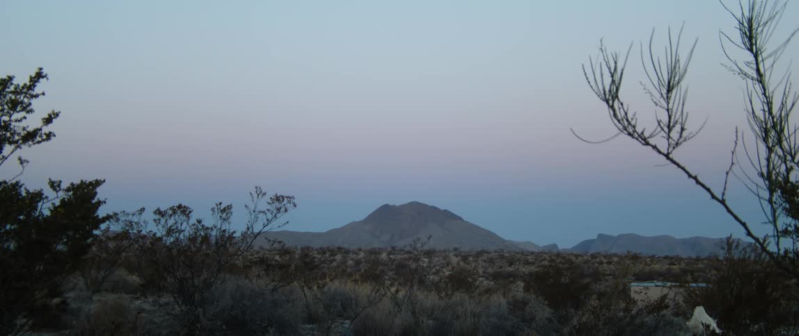View of shrubland and distant mountain at dusk