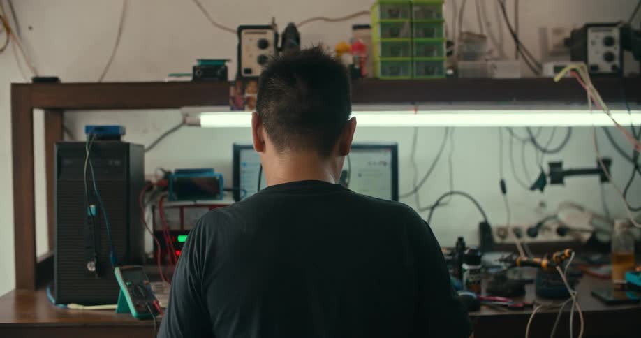 A person sits at a desk with a computer and electronics