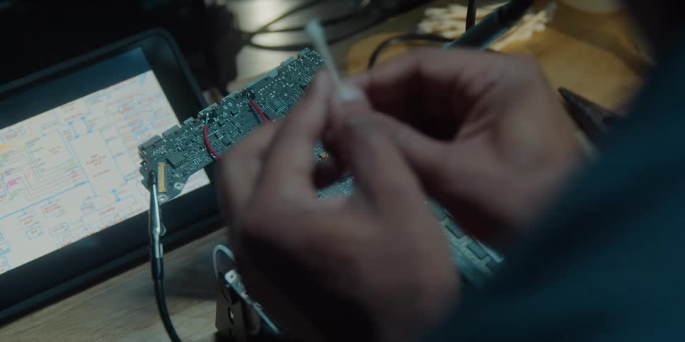 A person is cleaning a computer motherboard with a cotton swab
