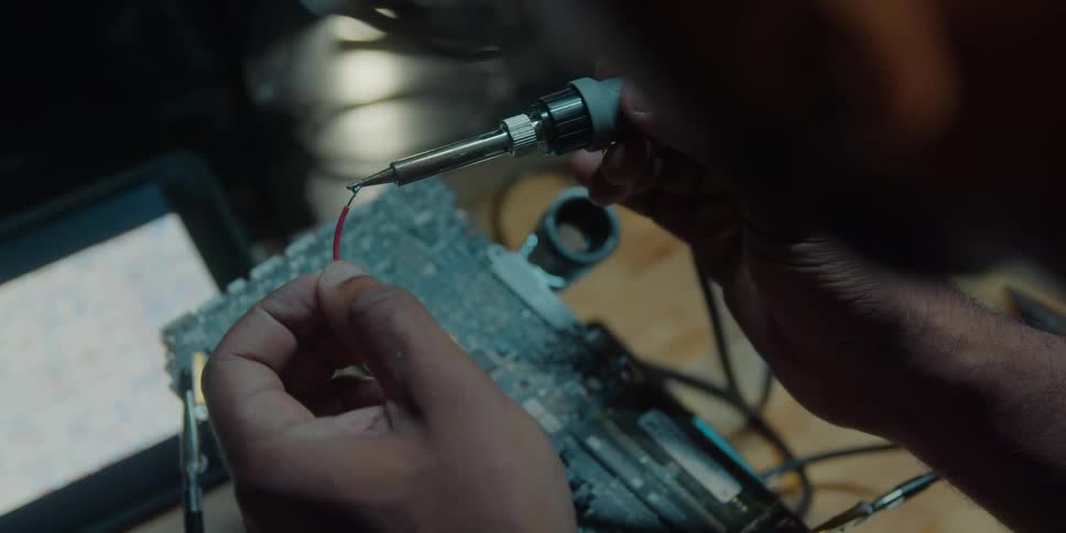 A man is sitting at a table working on an electronic component and he is putting solder on a wire