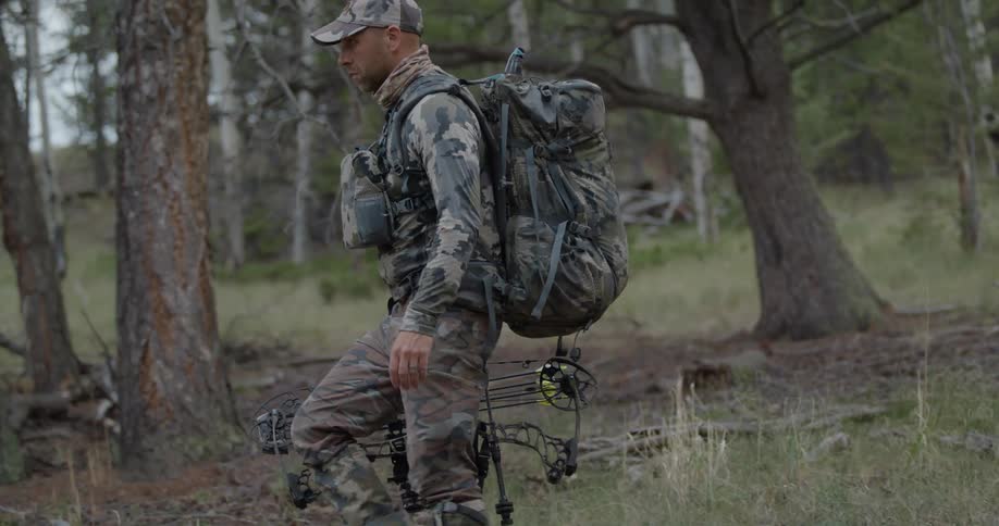Male hunter carrying a hunting bow walks down slope in woods