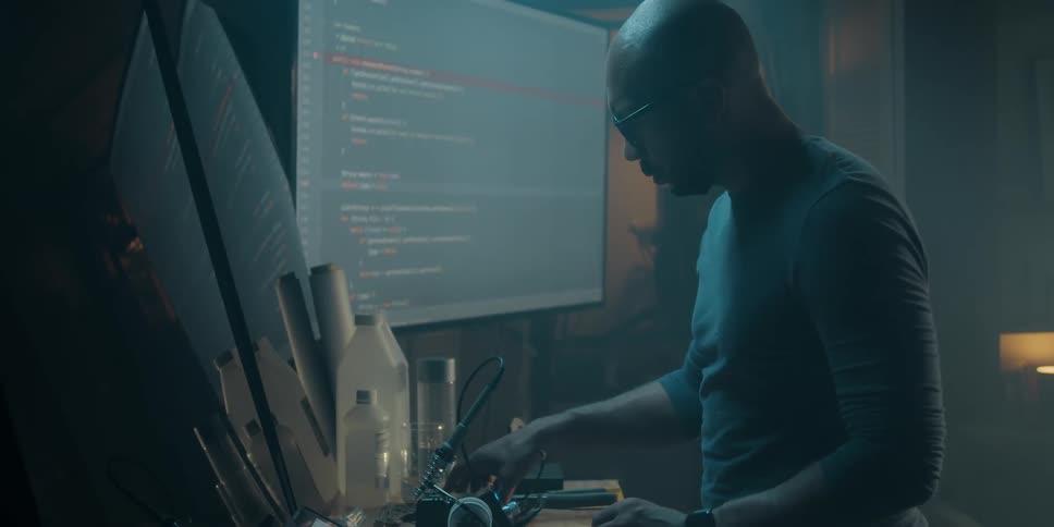 A man standing at a workbench in a lab building a circuit board