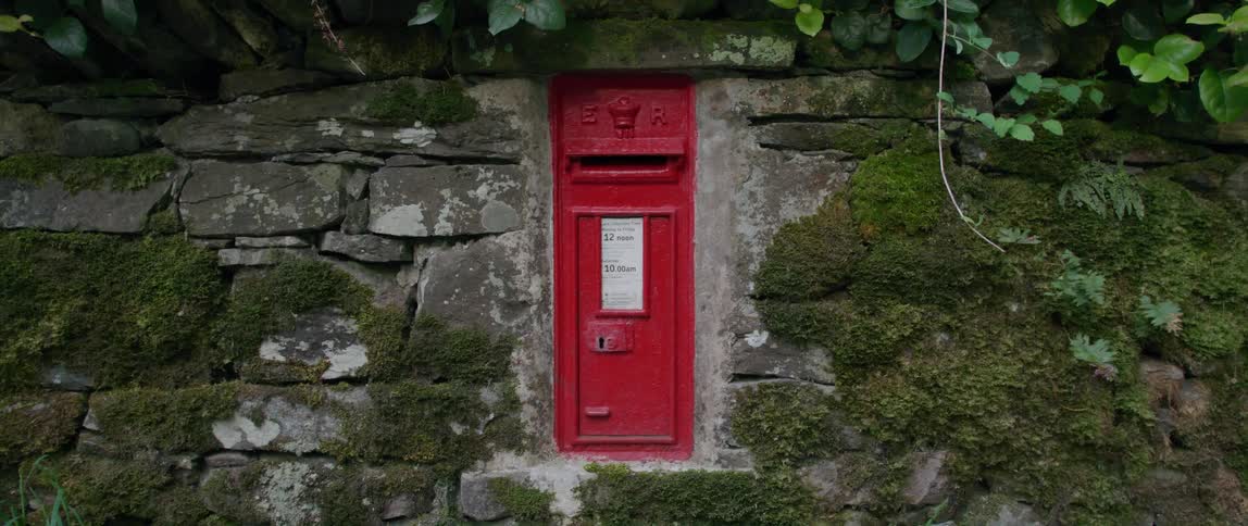 An old red mailbox is on a stone wall covered with moss and there are vines hanging down