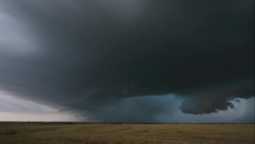 A time lapse shows huge dark storm clouds building over a tan wheat field in the heartland of the USA