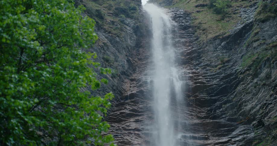 A waterfall flows down the side of a cliff and there is a tree nearby with bright green leaves