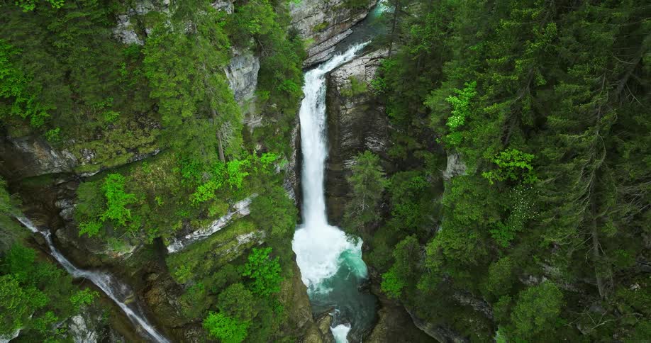 Waterfalls are flowing down the side of a forested mountain cliff