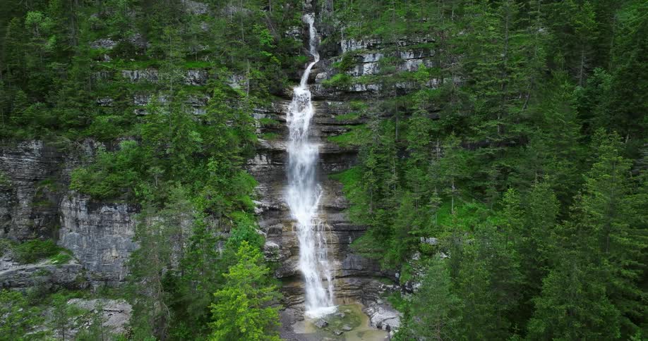Waterfalls are flowing down the side of a mountain cliff in a forest