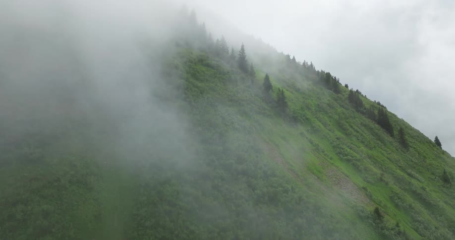 Dense fog obscures the peak of a mountain