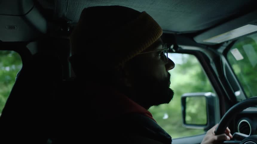A man is driving a vehicle past a bunch of trees