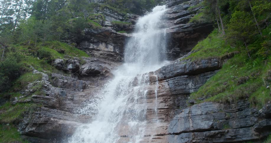 Waterfalls are flowing down the side of a cliff in a forest and there are plants and moss clinging to the rocky cliff