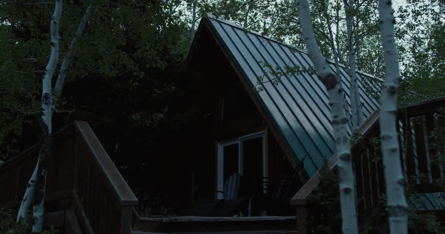 The view is of a cabin that is located in the forest area