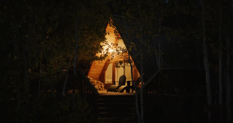 The view is of a cabin in the forest area at night time