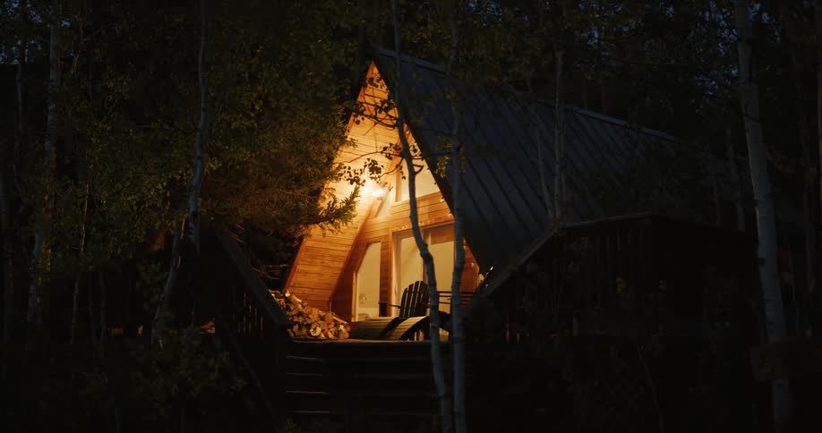 The view is of a cabin in the countryside around night time