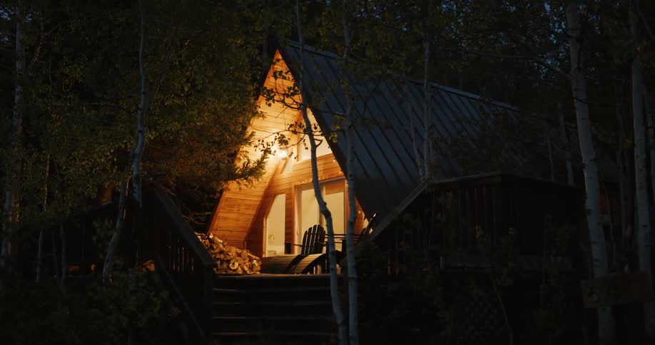 A view is of a cabin located in the forest area at night time