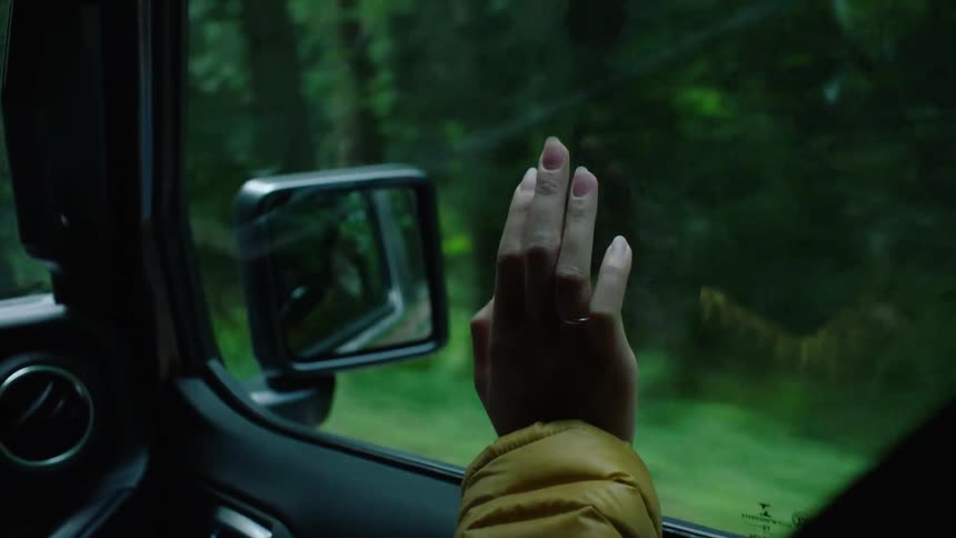 A young person is inside of a car and is touching the window