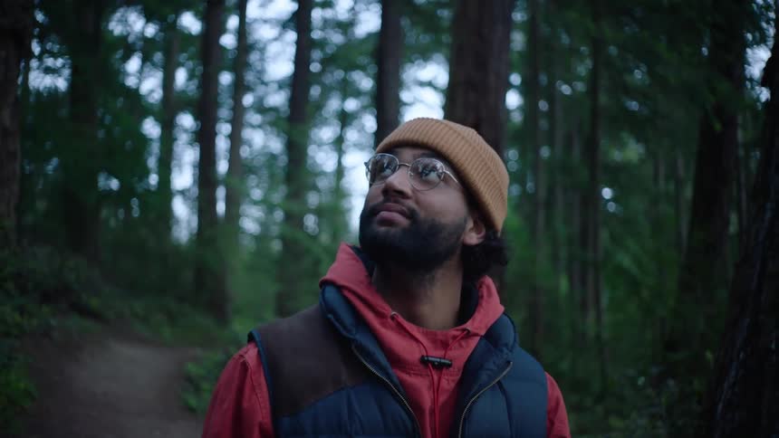 A man is hiking by himself in a forest area