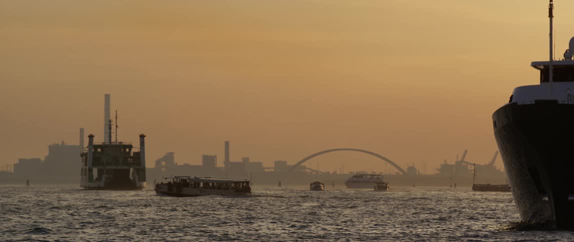 The view is of the downtown area and skyline