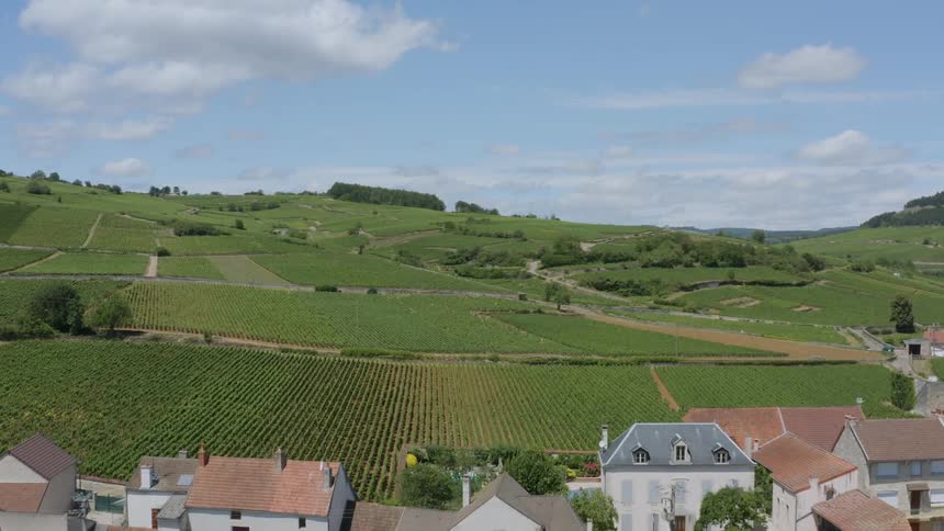 Aerial view of houses on a farm with crops growing in the fields over the hills