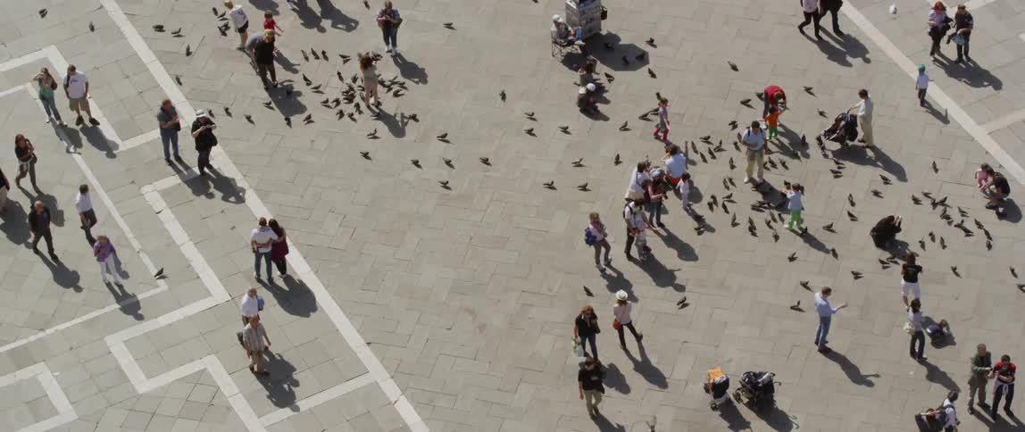 People are walking outside in the city area and birds are flying