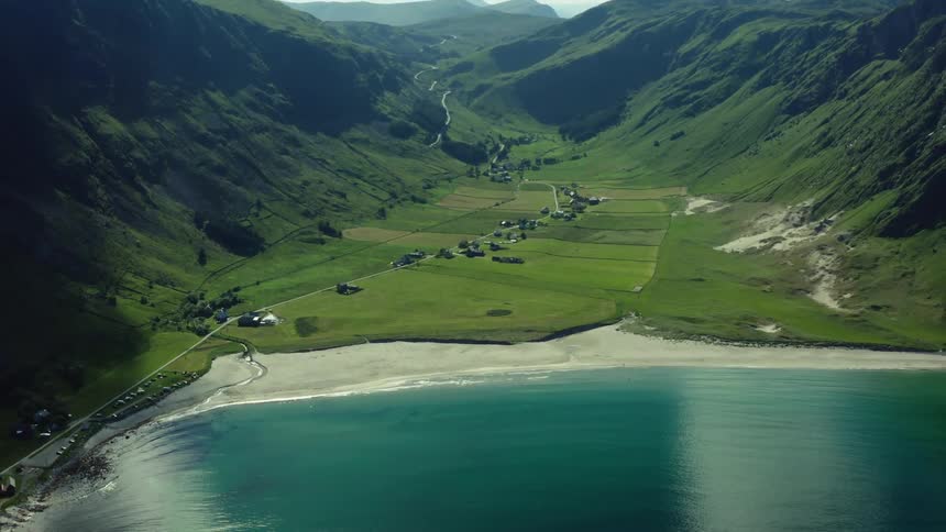 Aerial view of sunlight reflecting on the water is displayed