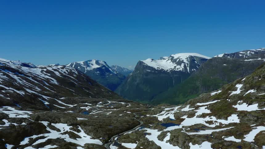 Aerial view of snow covered mountains are displayed